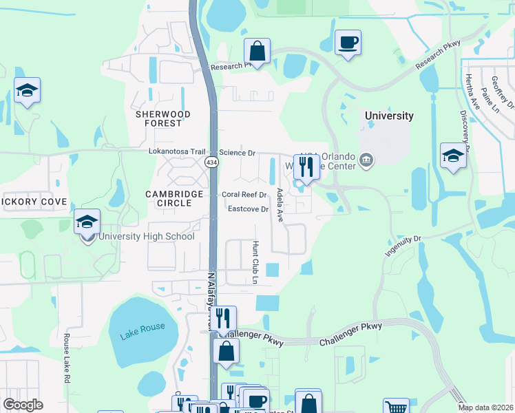 map of restaurants, bars, coffee shops, grocery stores, and more near 2834 Hunt Club Lane in Orlando