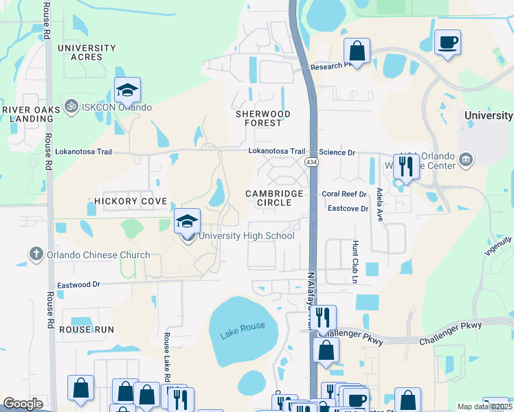 map of restaurants, bars, coffee shops, grocery stores, and more near 11715 College Park Trail in Orlando
