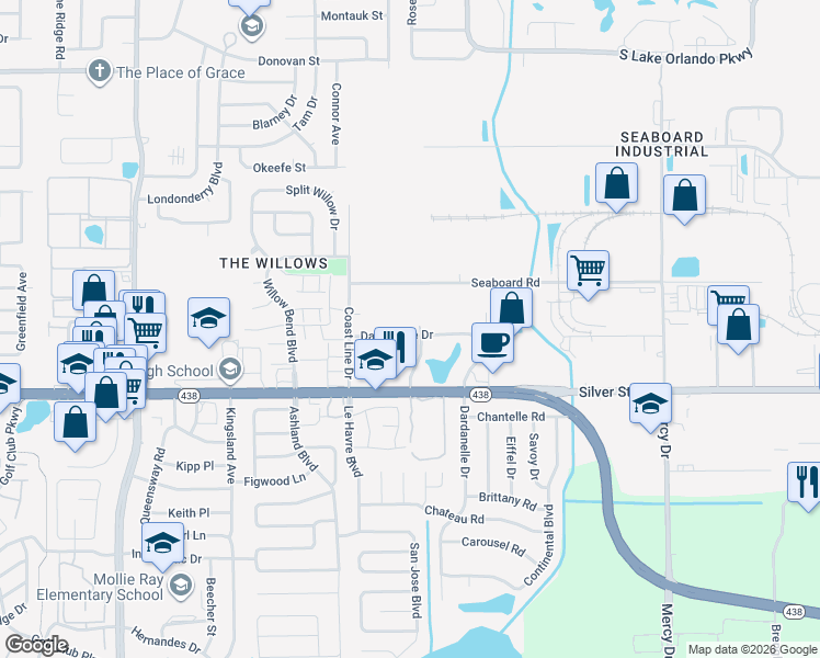map of restaurants, bars, coffee shops, grocery stores, and more near 2630 Orlando West Drive in Orlando