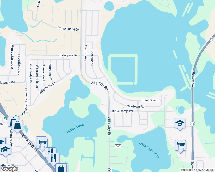 map of restaurants, bars, coffee shops, grocery stores, and more near 1050 Bluegrass Drive in Groveland