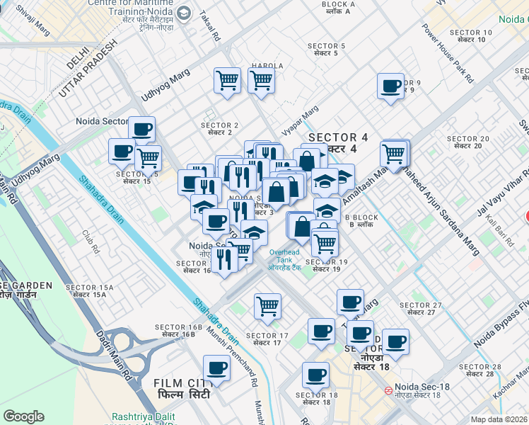 map of restaurants, bars, coffee shops, grocery stores, and more near in Noida
