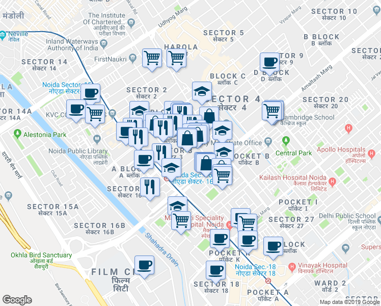 map of restaurants, bars, coffee shops, grocery stores, and more near in Noida