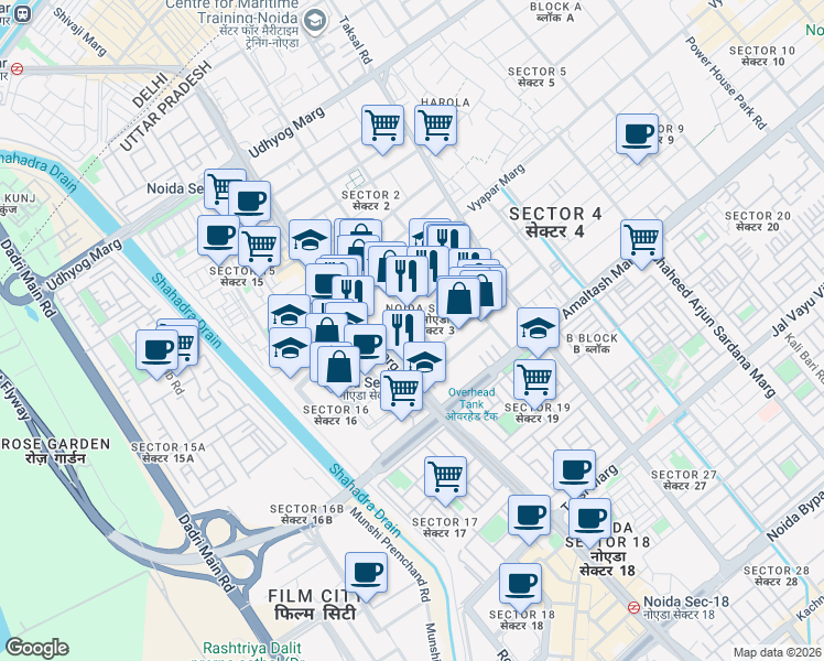 map of restaurants, bars, coffee shops, grocery stores, and more near in Noida