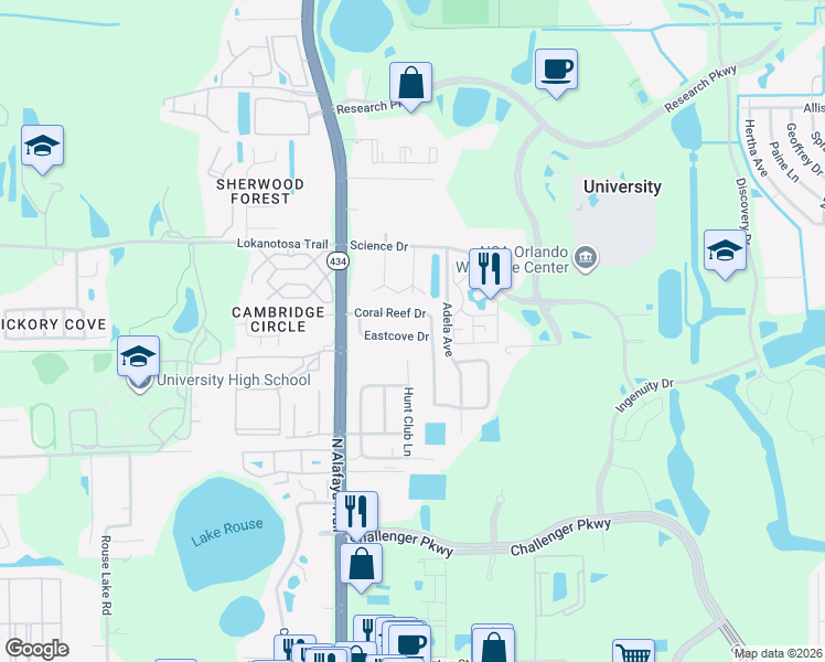 map of restaurants, bars, coffee shops, grocery stores, and more near 2834 Hunt Club Lane in Orlando