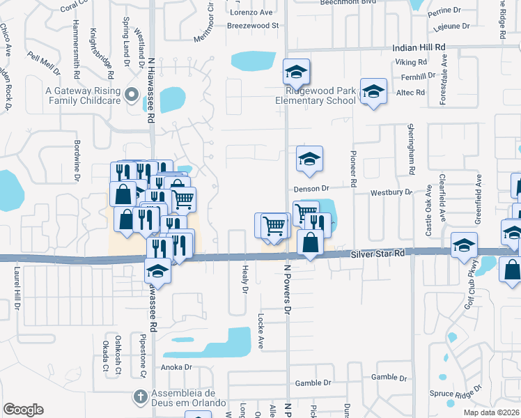 map of restaurants, bars, coffee shops, grocery stores, and more near 3024 North Powers Drive in Pine Hills