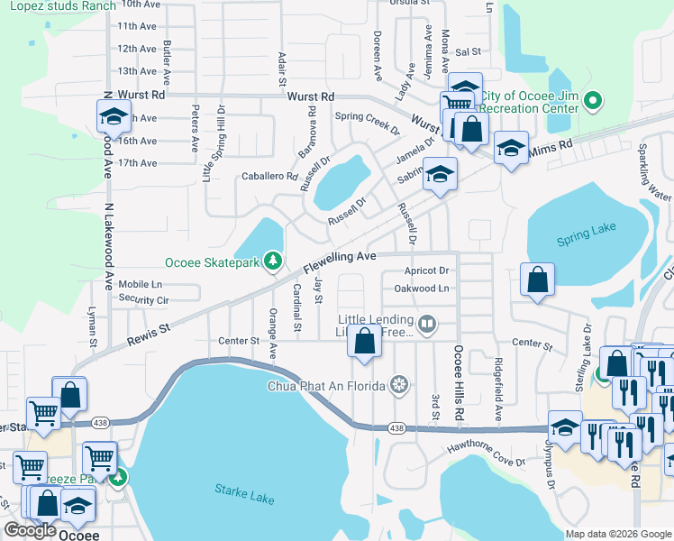map of restaurants, bars, coffee shops, grocery stores, and more near 702 Starke Lake Circle in Ocoee