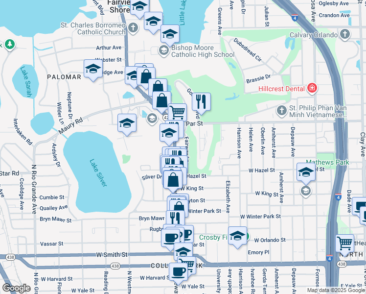 map of restaurants, bars, coffee shops, grocery stores, and more near 3200 Fairway Lane in Orlando