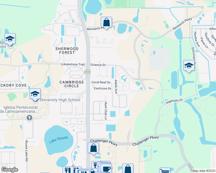 map of restaurants, bars, coffee shops, grocery stores, and more near 12313 Coral Reef Drive in Orlando