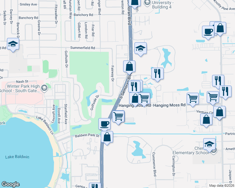 map of restaurants, bars, coffee shops, grocery stores, and more near 1202 Fairway Drive in Winter Park
