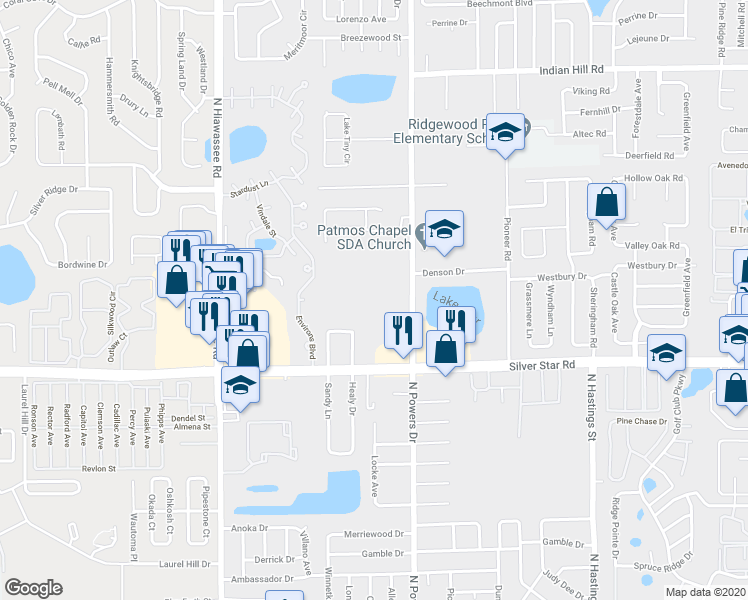 map of restaurants, bars, coffee shops, grocery stores, and more near 3024 North Powers Drive in Pine Hills