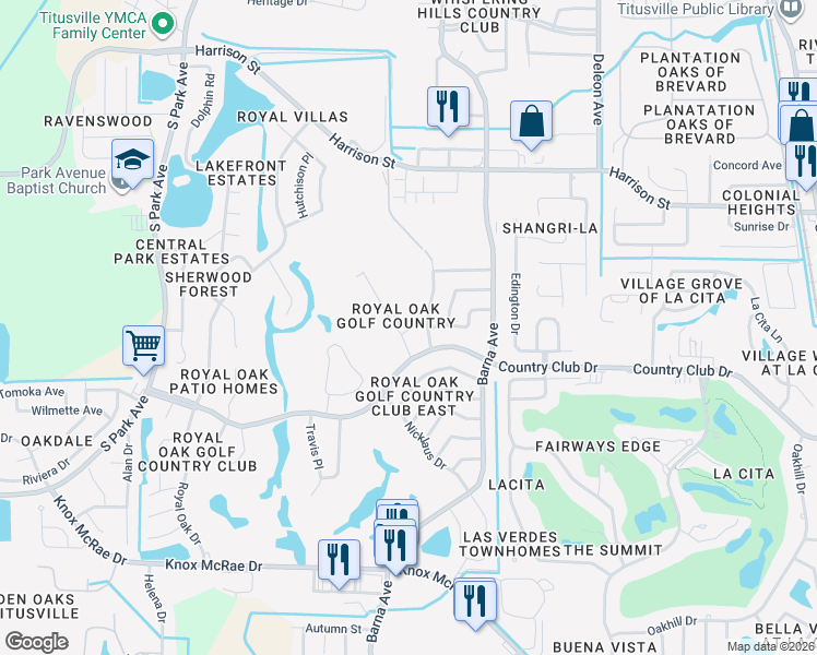 map of restaurants, bars, coffee shops, grocery stores, and more near 3100 Demaret Drive in Titusville