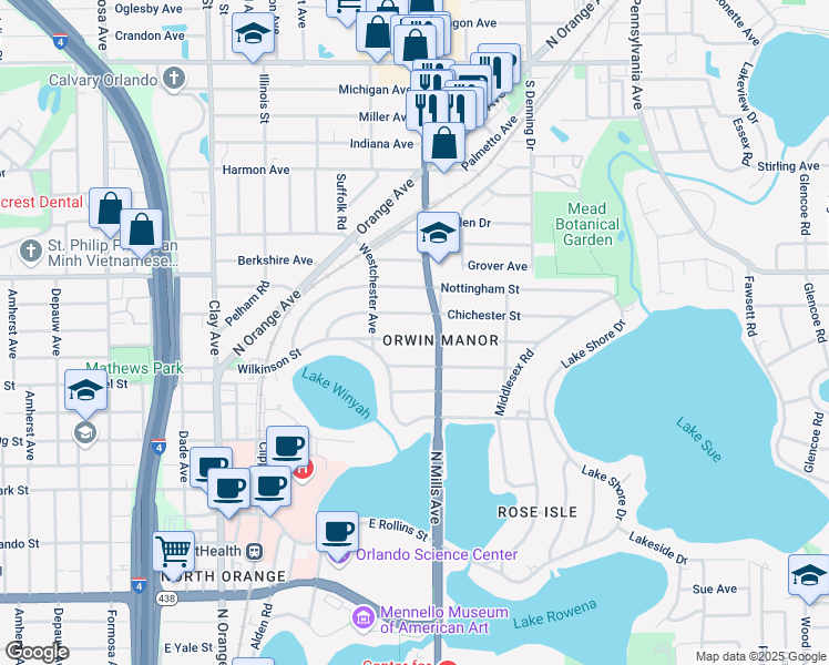 map of restaurants, bars, coffee shops, grocery stores, and more near 1021 Chichester Street in Orlando