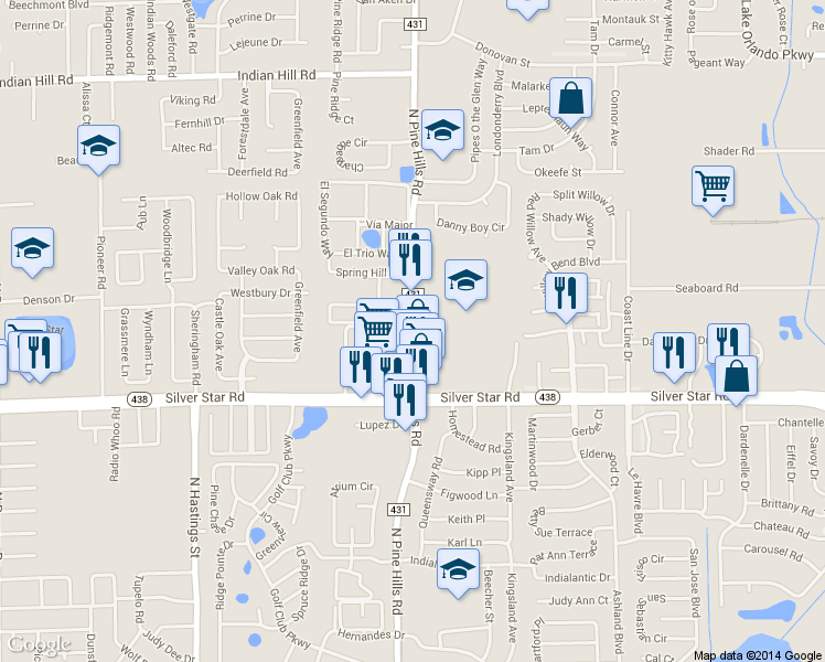 map of restaurants, bars, coffee shops, grocery stores, and more near 2870 North Pine Hills Road in Orlando