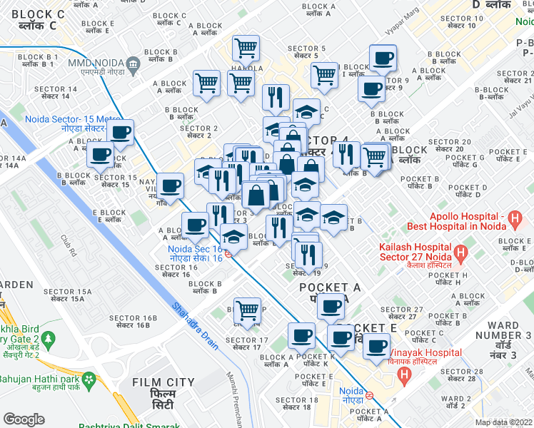 map of restaurants, bars, coffee shops, grocery stores, and more near in Noida