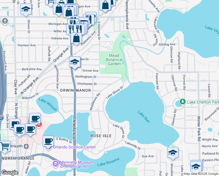 map of restaurants, bars, coffee shops, grocery stores, and more near 1415 Chichester Street in Orlando