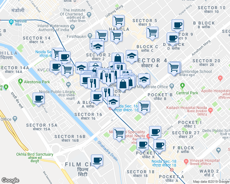 map of restaurants, bars, coffee shops, grocery stores, and more near in Noida