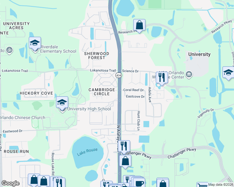 map of restaurants, bars, coffee shops, grocery stores, and more near 12155 Pepperdine Place in Orlando