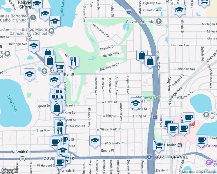 map of restaurants, bars, coffee shops, grocery stores, and more near 3221 Helen Avenue in Orlando
