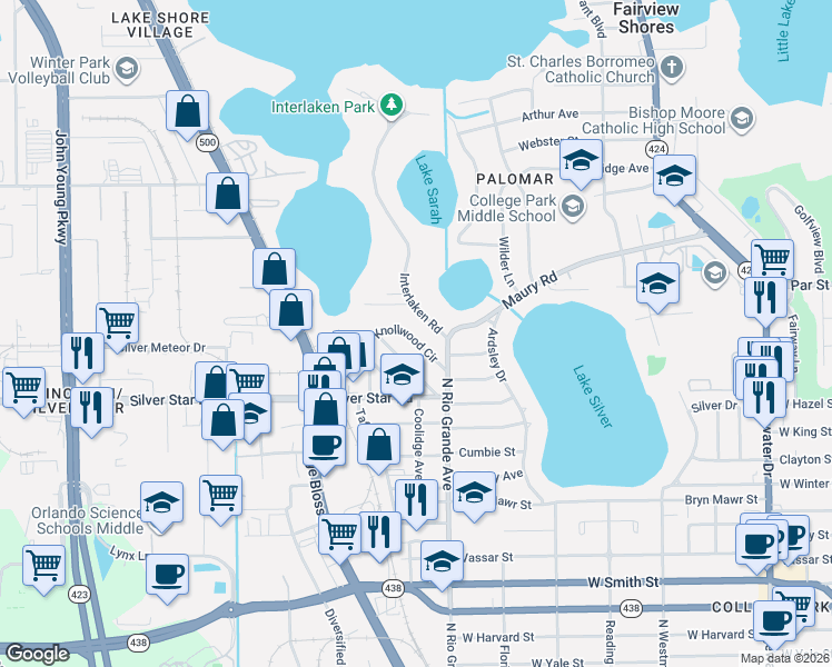 map of restaurants, bars, coffee shops, grocery stores, and more near 13 Interlaken Road in Orlando