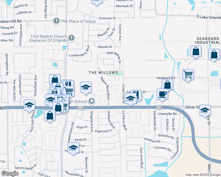 map of restaurants, bars, coffee shops, grocery stores, and more near 2869 Willow Bend Boulevard in Orlando