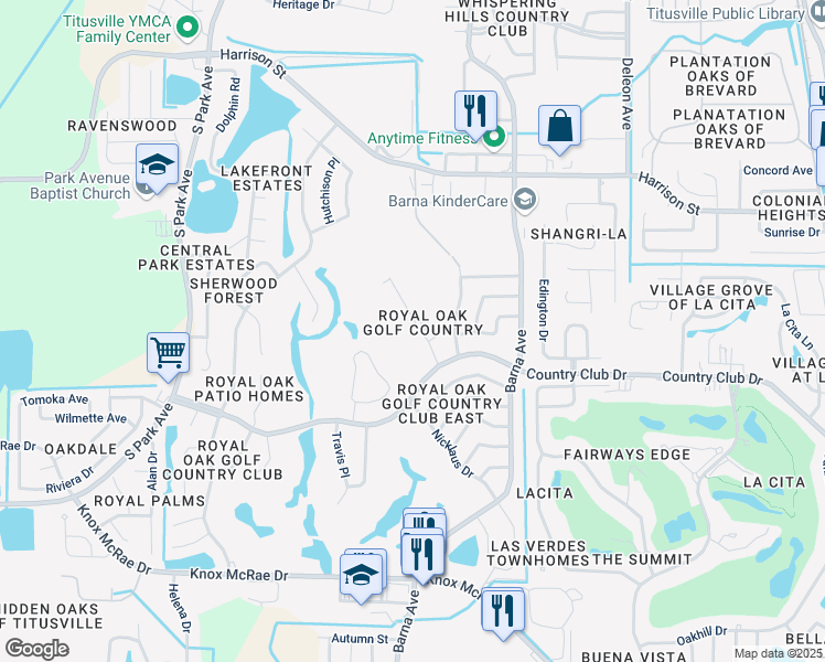map of restaurants, bars, coffee shops, grocery stores, and more near 3063 Finsterwald Drive in Titusville