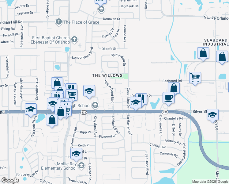 map of restaurants, bars, coffee shops, grocery stores, and more near 2869 Willow Bend Boulevard in Orlando