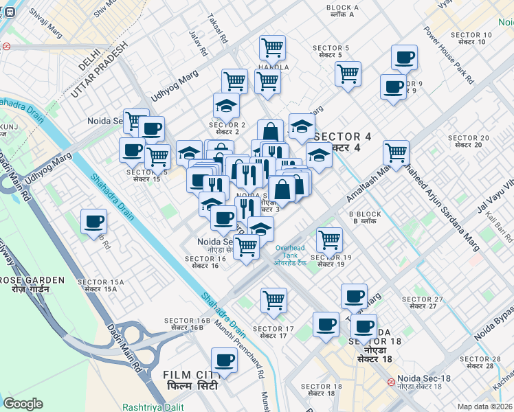 map of restaurants, bars, coffee shops, grocery stores, and more near in Noida