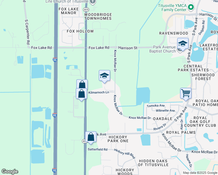 map of restaurants, bars, coffee shops, grocery stores, and more near 3085 Knox McRae Drive in Titusville