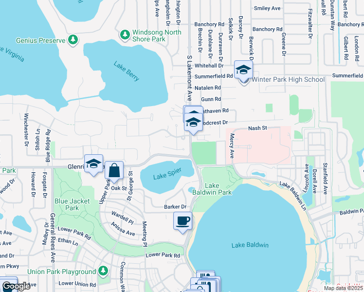map of restaurants, bars, coffee shops, grocery stores, and more near 1874 Demetree Drive in Winter Park
