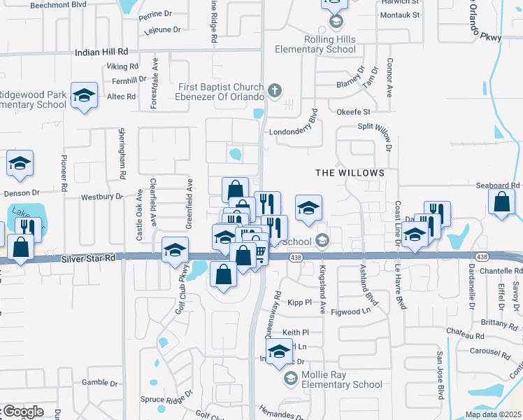 map of restaurants, bars, coffee shops, grocery stores, and more near County Road 431 in Orlando