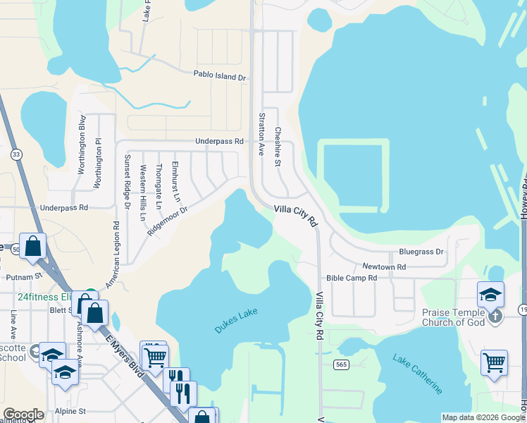 map of restaurants, bars, coffee shops, grocery stores, and more near 15919 Villa City Road in Groveland