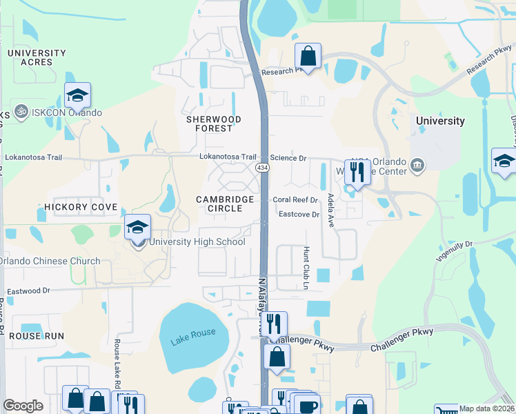 map of restaurants, bars, coffee shops, grocery stores, and more near 12164 Pepperdine Place in Orlando