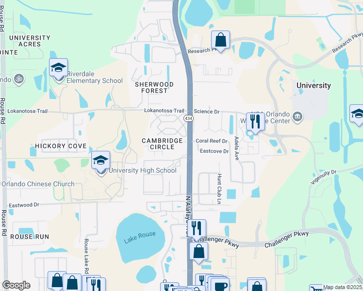 map of restaurants, bars, coffee shops, grocery stores, and more near 12155 Pepperdine Place in Orlando