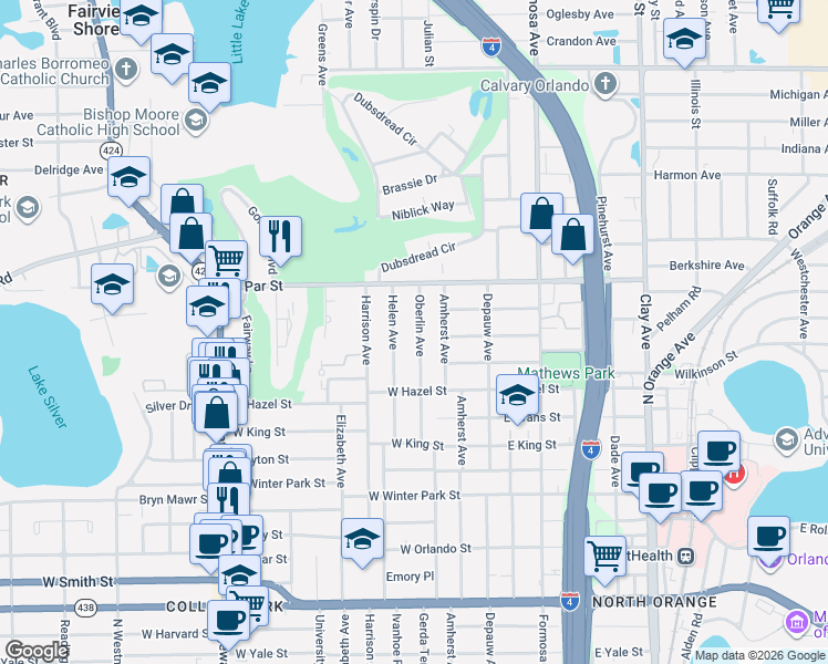 map of restaurants, bars, coffee shops, grocery stores, and more near 3221 Helen Avenue in Orlando