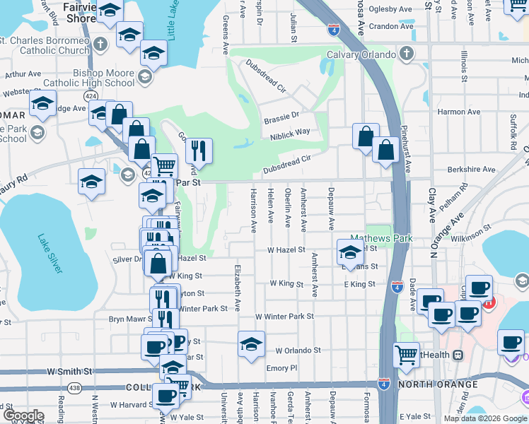map of restaurants, bars, coffee shops, grocery stores, and more near 3222 Harrison Avenue in Orlando