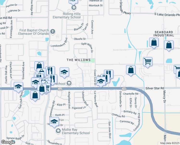 map of restaurants, bars, coffee shops, grocery stores, and more near 2853 Willow Run in Orlando