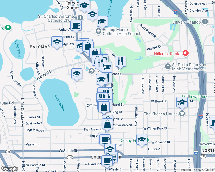 map of restaurants, bars, coffee shops, grocery stores, and more near 3210 Fairway Lane in Orlando