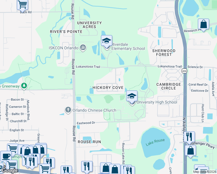map of restaurants, bars, coffee shops, grocery stores, and more near 2325 Ole Hickory Drive in Orlando