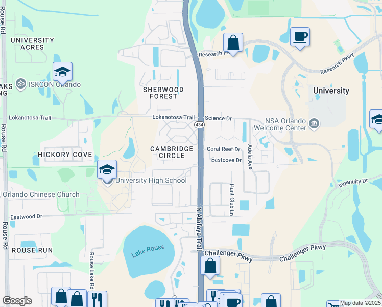 map of restaurants, bars, coffee shops, grocery stores, and more near 12152 Pepperdine Place in Orlando