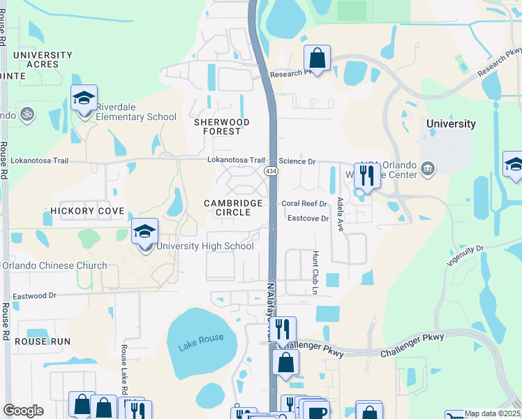 map of restaurants, bars, coffee shops, grocery stores, and more near 12155 Pepperdine Place in Orlando