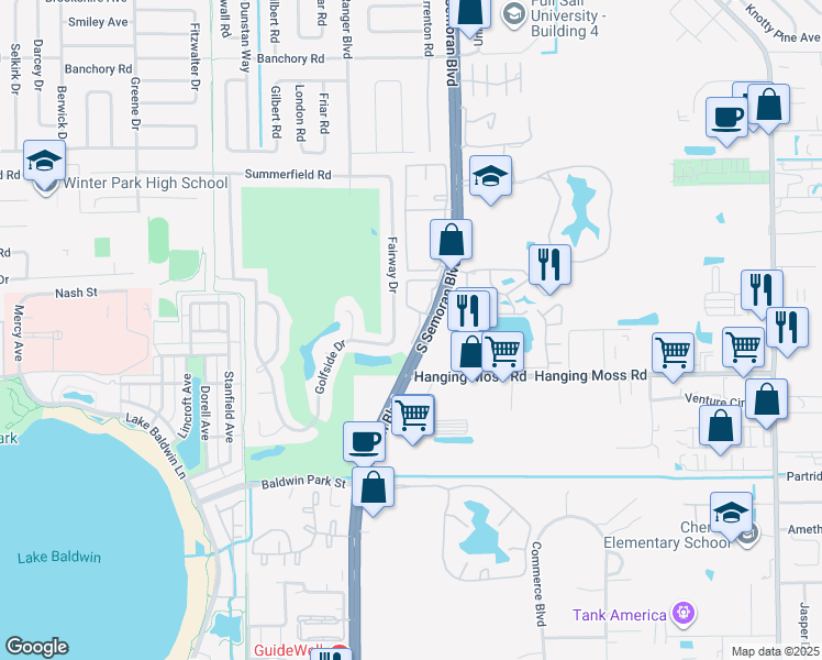 map of restaurants, bars, coffee shops, grocery stores, and more near 1000 South Semoran Boulevard in Winter Park
