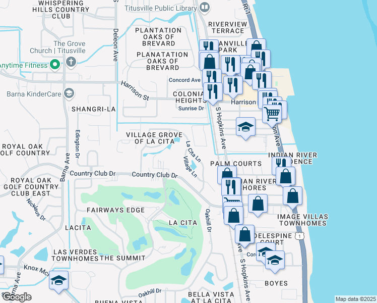 map of restaurants, bars, coffee shops, grocery stores, and more near 2716 Village Lane in Titusville