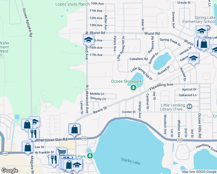 map of restaurants, bars, coffee shops, grocery stores, and more near 116 Burnt Tree Court in Ocoee