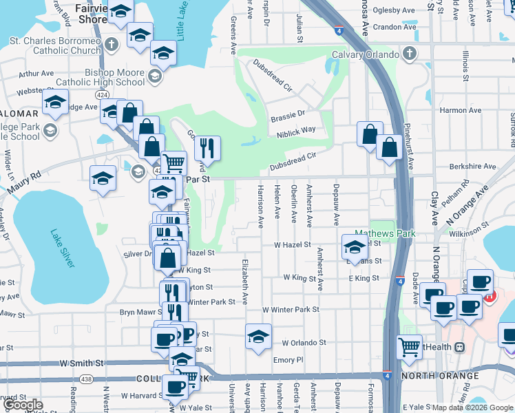 map of restaurants, bars, coffee shops, grocery stores, and more near 3206 Harrison Avenue in Orlando