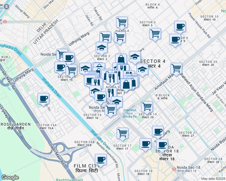 map of restaurants, bars, coffee shops, grocery stores, and more near in Noida