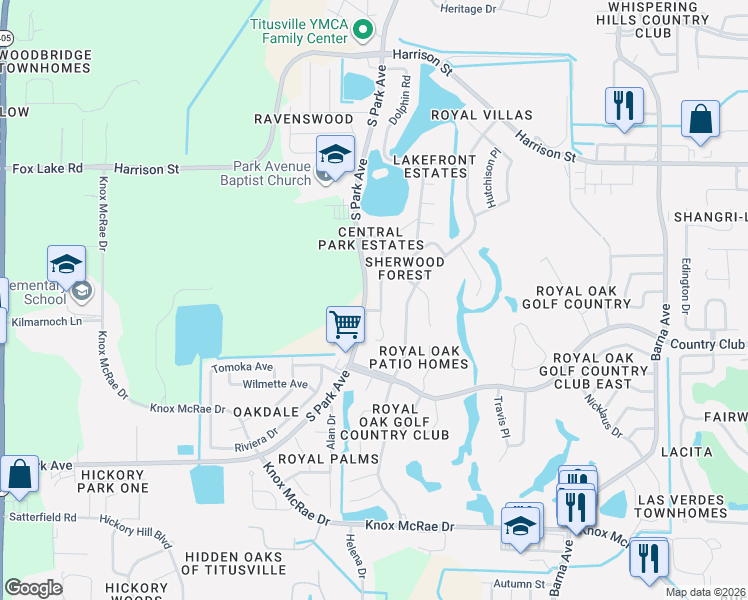 map of restaurants, bars, coffee shops, grocery stores, and more near 3260 Treetop Drive in Titusville