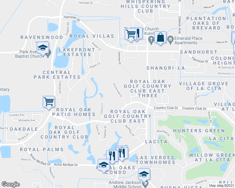 map of restaurants, bars, coffee shops, grocery stores, and more near 3063 Finsterwald Drive in Titusville