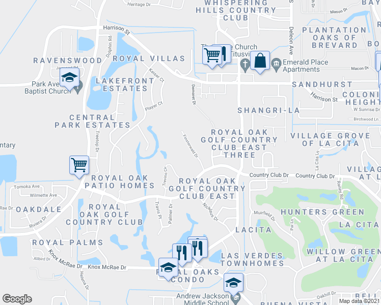 map of restaurants, bars, coffee shops, grocery stores, and more near 3051 Finsterwald Drive in Titusville