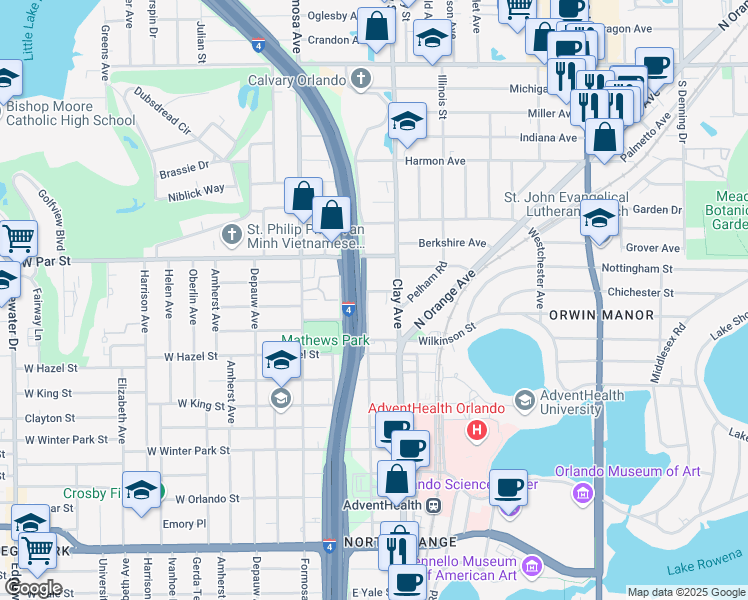 map of restaurants, bars, coffee shops, grocery stores, and more near 324A Bay Run Street in Orlando