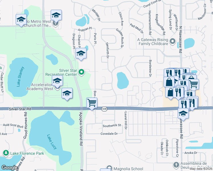 map of restaurants, bars, coffee shops, grocery stores, and more near 7636 Dundas Drive in Orlando